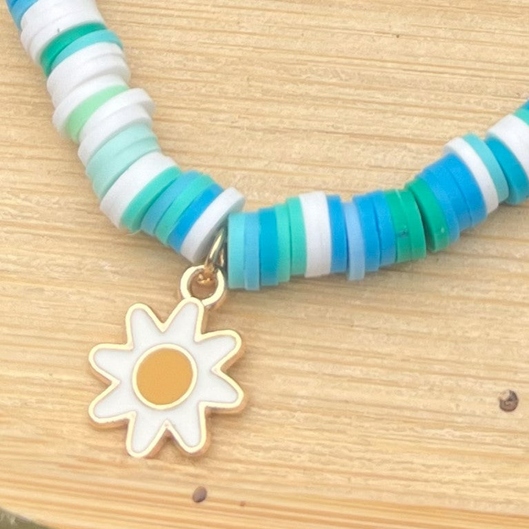 Sea Splash Daisy - Clay Bead Bracelets with Daisy Charm - Stretchy